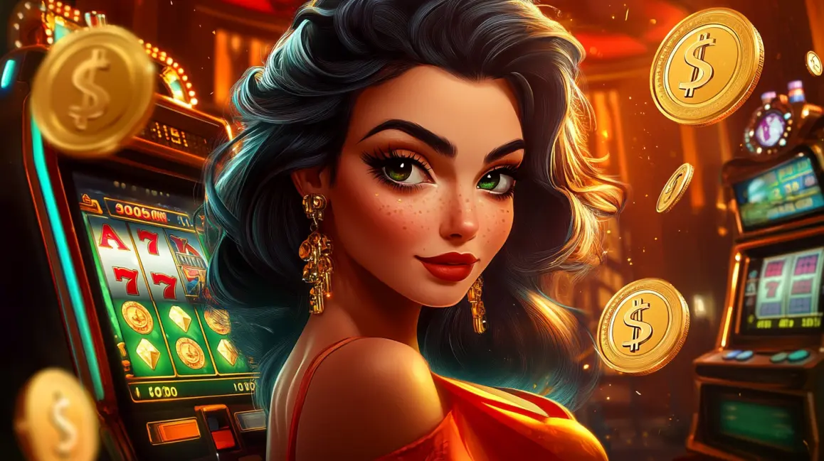 A glamorous woman with curly hair holds a smartphone showing a vibrant slot game, with dice and chips floating around, inviting you to play exciting mobile casino games at JILIX.