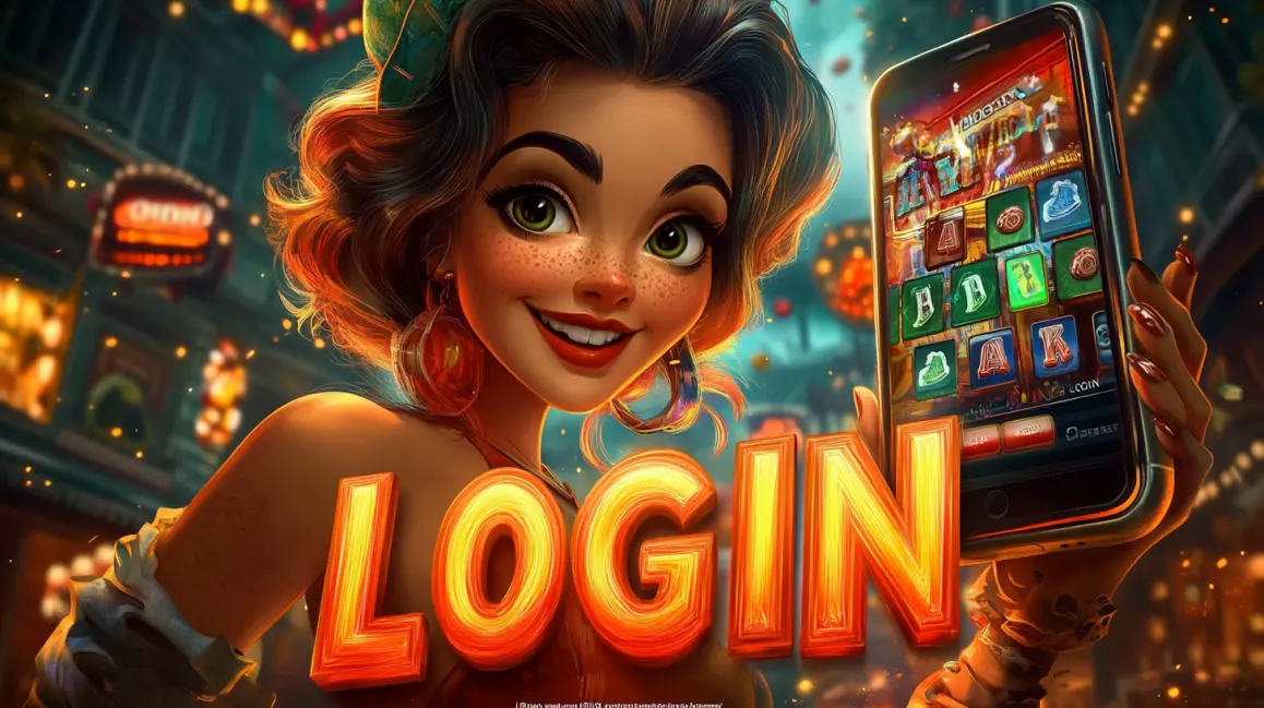 A stylish woman with blue hair and sunglasses holds a phone with a 'LOGIN' button, inviting you to sign in to your JILIX account for a fun and rewarding tropical gaming session.