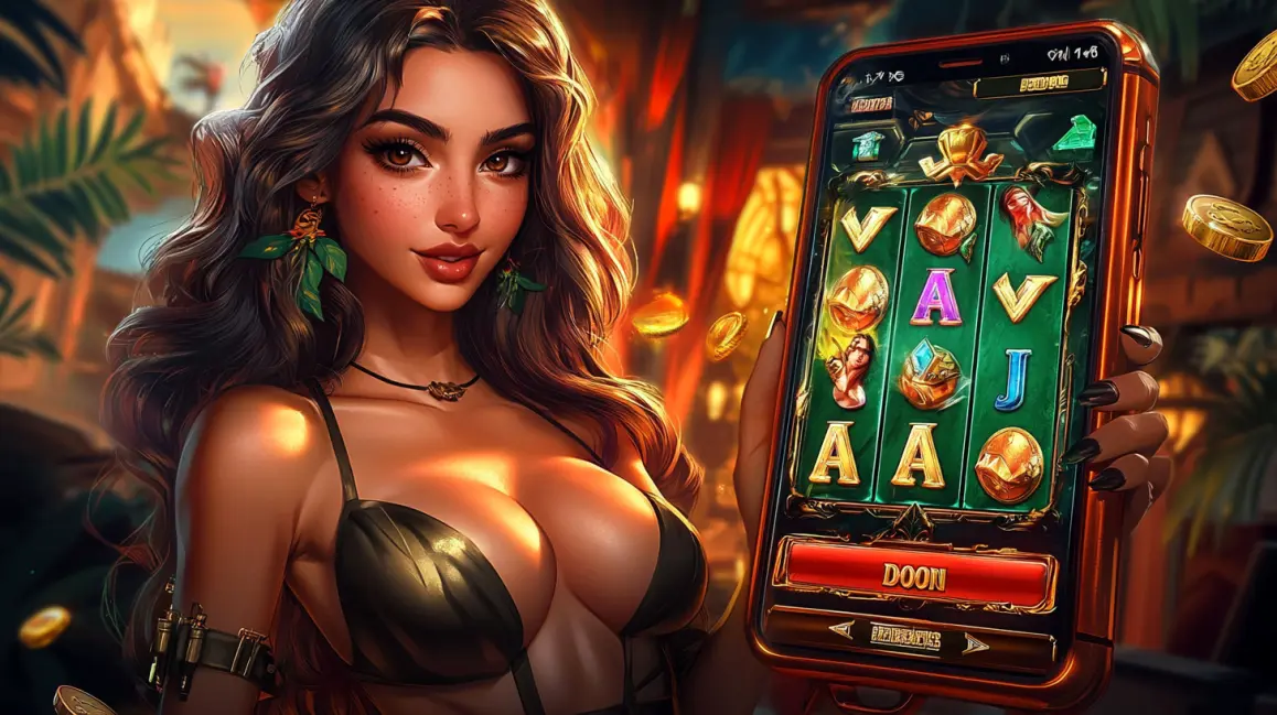 A stylish woman holds a phone with a fun slot game, with the word 'APP' in large letters, inviting you to download the JILIX app for a vibrant gaming experience.
